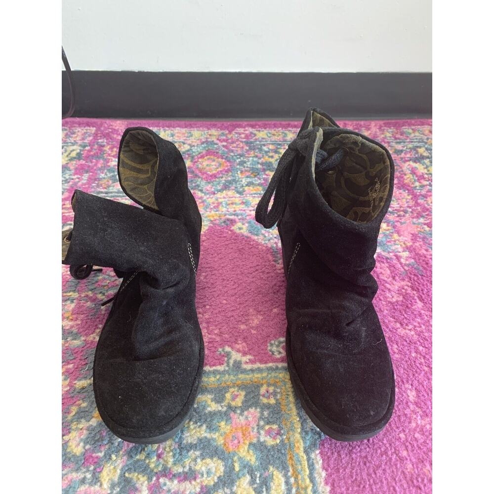 FLY London Yama Black Suede Wedge Ankle Boots Back Tie Booties 38 EU 7.5 US